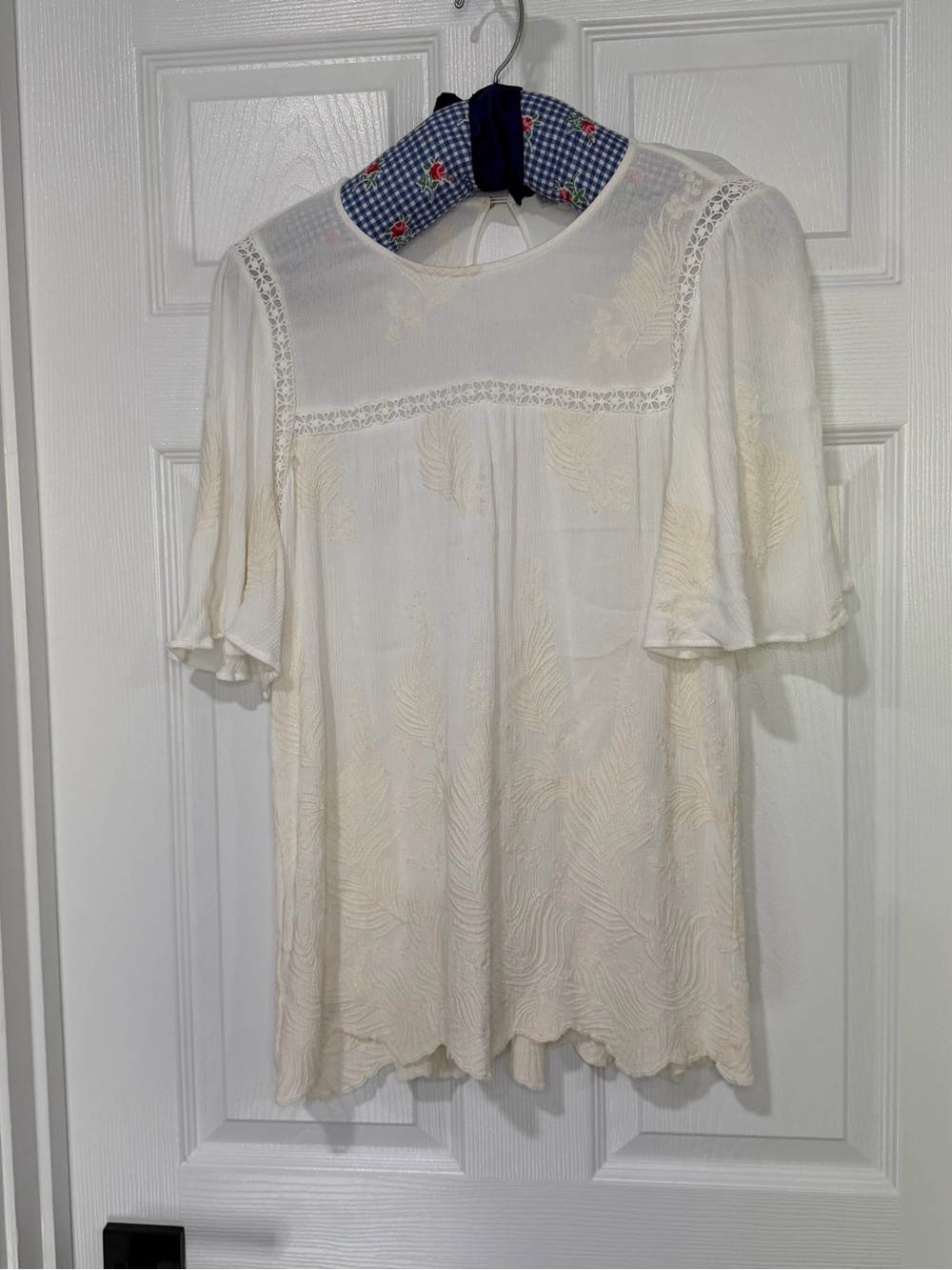 Cream Short-Sleeve Lace Yoke Blouse